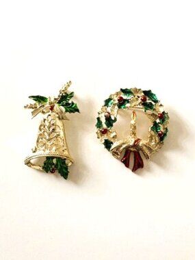 Vintage Gold-Plated Christmas Brooches - Set of (2) Wreath and Bell